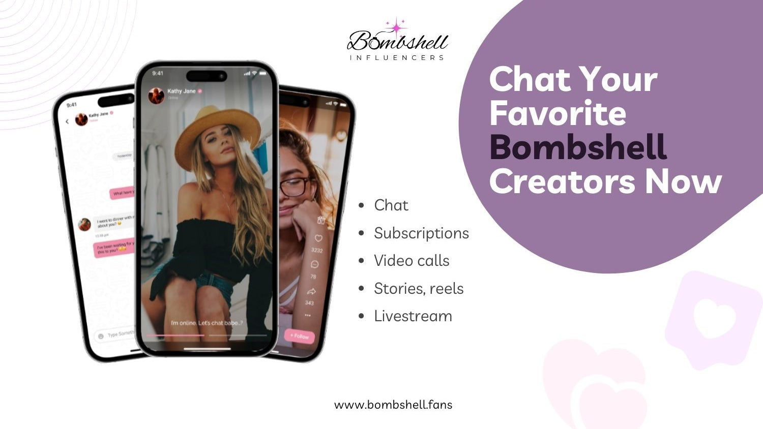 Advertisement for Bombshell Influencers app with phone screens and promotional text.